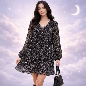 Umgee Star Print Babydoll Tunic Dress Black Celestial Whimsygoth medium witchy